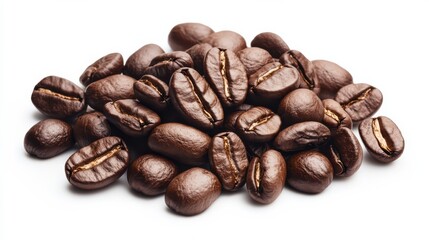 Fototapeta premium A close-up of a pile of roasted coffee beans, showcasing their rich color and texture, ideal for brewing aromatic coffee beverages.