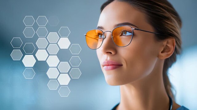 Confident female doctor in modern glasses looks into the distance, symbolizing innovation and future healthcare. Futuristic hexagonal graphics highlight medical technology trends