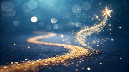 Magical glowing golden star leaving a shimmering trail of light and bokeh against a dark blue mystical background