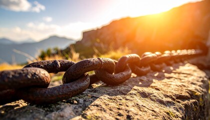 Rusty metal chain leading across a rocky mountain path bathed in warm, golden sunset light, symbolizing strength and connection
