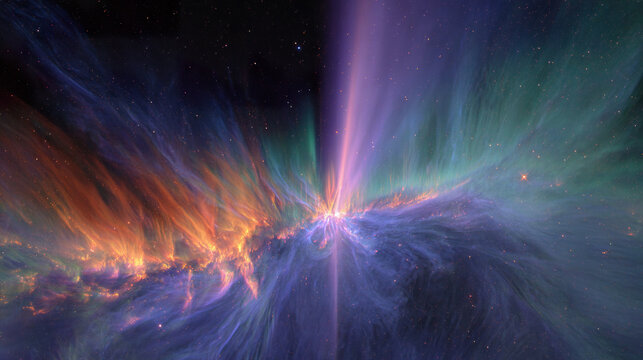 thermosphere. A painterly solar corona explosion with rippling aurora energy cascading toward a small blue planet. STEM education sheets.