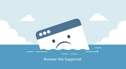 Tilted web browser window sinking in water with "Browser Not Supported" message, indicating a software error.