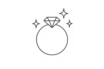 Diamond ring icon line drawing on a transparent background, representing engagement, wedding, love, luxury, and commitment
