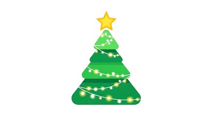 Fototapeta premium Festive green Christmas tree adorned with glowing string lights and a bright star topper