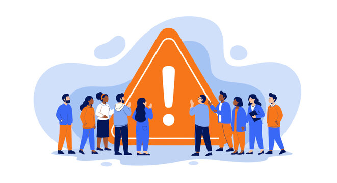 Diverse people standing around and discussing a large orange warning sign, representing a shared concern or problem.