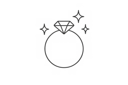 Diamond ring icon line drawing on a transparent background, representing engagement, wedding, love, luxury, and commitment