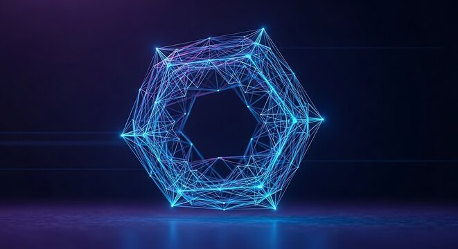 Abstract polygonal shape with glowing blue lines on a dark background.