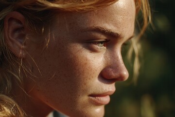 Closeup of a person bathed in evening light, soft expression between nostalgia and acceptance.