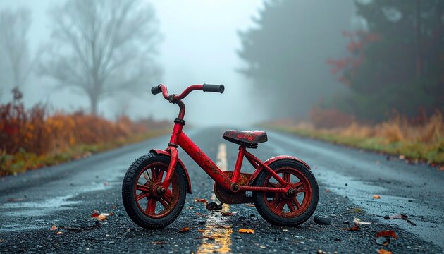 A vintage red bicycle abandoned on a foggy, wet road in the countryside, evoking a sense of nostalgia and mystery