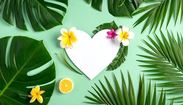 Lush green tropical foliage framing a white heart shape, adorned with flowers, on teal background