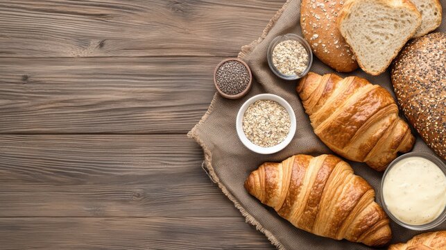 A rustic display of various breads and croissants on a wooden surface, accompanied by bowls of seeds and grains, creating a warm and inviting atmosphere.