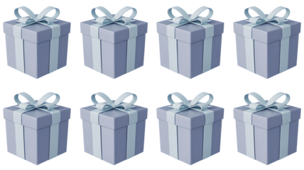 Eight silver gift boxes with ribbons isolated on transparent background