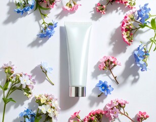 Skincare tube mockup with floral decor and metal.