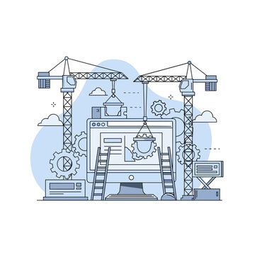 Website Under Construction on Monitor with Cranes, Development and Maintenance Concept