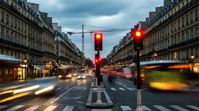 Busy Paris street during twilight with red traffic lights and blurred cars