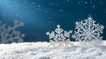 Delicate white snowflakes resting on a blanket of fresh snow under a deep blue winter night sky with falling snow