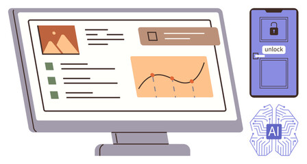 Computer monitor displaying charts, data, and images beside a locked door and AI icon. Ideal for technology, data analysis, cybersecurity, artificial intelligence, digital access, innovation secure