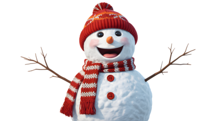 Happy snowman wearing a red hat and scarf isolated on transparent background