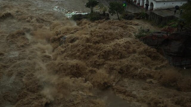 Flooded Nepals  Chobar Gorge: Swift Flow of Bagmati River After Heavy Rainfall