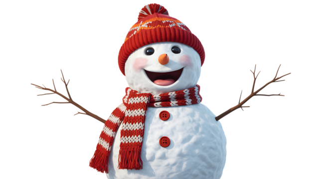Happy snowman wearing a red hat and scarf isolated on transparent background - Powered by Adobe