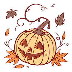 Hand drawn halloween pumpkin with leaves