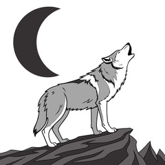 Wolf howling at the moon on a rock