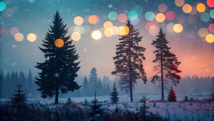 Magical winter forest scene with silhouetted evergreen trees and glowing bokeh lights at dusk