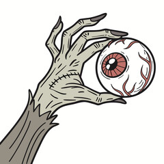 Creepy zombie hand holding eyeball for halloween