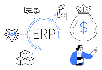 ERP concept with arrows connecting gears, factory, truck, money bag, cubes, and person. Ideal for resource management, software, business processes finance logistics supply chains teamwork