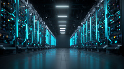 Crypto mining farm visualized as rows of glowing, futuristic hardware in a clean data center environment