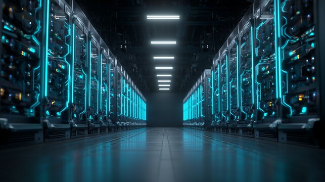 Crypto mining farm visualized as rows of glowing, futuristic hardware in a clean data center environment