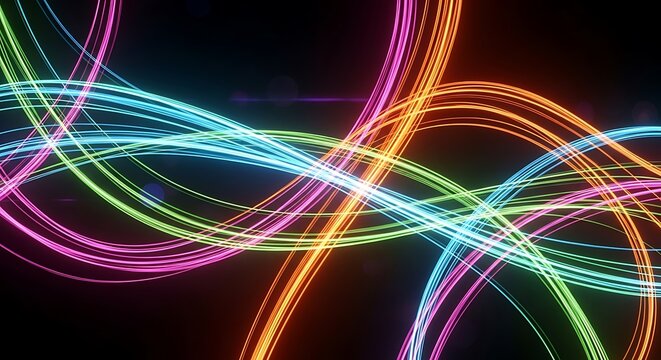 Colorful glowing neon light trails swirling and intersecting on a dark background.