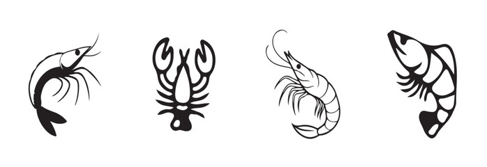 Shrimp animal set, shrimp silhouette, shrimp fish art icon, shrimp seafood icon for restaurant menu, vector Illustration EPS 10.