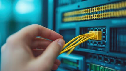 A hand connects yellow cables to a network server, showcasing technology and connectivity in a digital environment.