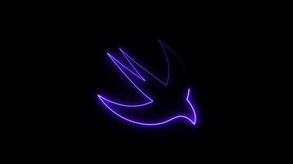Abstract neon purple bird silhouette flying dark background minimalist animation digital art glowing outline symbol