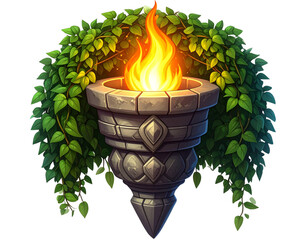 Enchanted Stone Torch with Ivy and Glowing Flame, Front View, Fantasy Architectural Element, Isolated