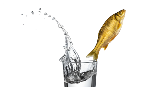 Golden fish leaping out of a glass of water, symbolizing freedom and challenge isolated PNG with Transparent Background
