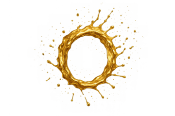 Golden liquid splashing in a circular frame, creating an abstract crown shape with drops, symbolizing elegance and luxury