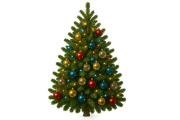 Obraz premium Christmas tree decorating with colorful baubles and glowing lights for winter holiday celebrations, transparent background