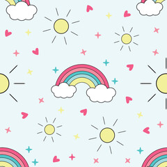 Colorful rainbow cloud and sun seamless pattern design for background, wallpaper, textile design, fabric, wrapping paper, cover, blanket, blanket for kids, decorative. cute dreamy vector pattern