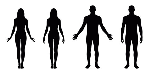 Male and female human body silhouette vector set in neutral standing pose, black figure design ideal for anatomy illustration, infographic layout, health, and educational graphic concepts