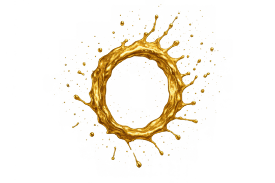 Golden liquid splashing in a circular frame, creating an abstract crown shape with drops, symbolizing elegance and luxury