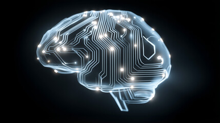 Obraz premium Luminous circuits and energy form an advanced AI brain concept glowing in darkness