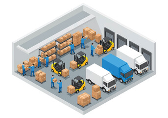 Isometric flat 3D vector of warehouse interior with workers loading boxes, forklifts, and delivery trucks, logistics and management theme