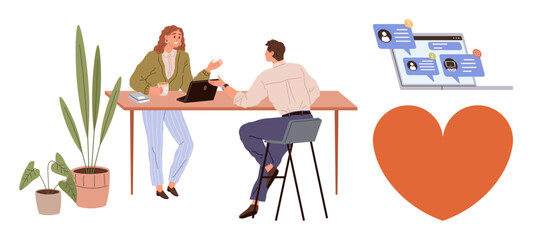 Two people brainstorming at a desk with laptop, potted plants, a digital chat representation, and a heart. Ideal for communication, teamwork, relationships, collaboration, technology creativity