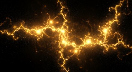 Abstract golden electrical energy discharge pattern with glowing points on a dark background.