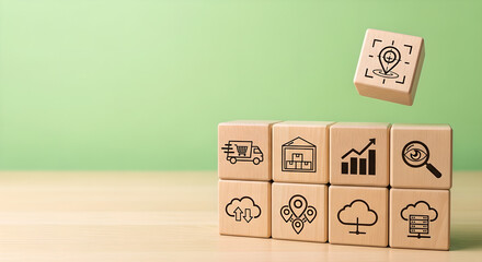 Logistics Supply Chain Business Intelligence Data Analytics Wooden Blocks Green Copy Space