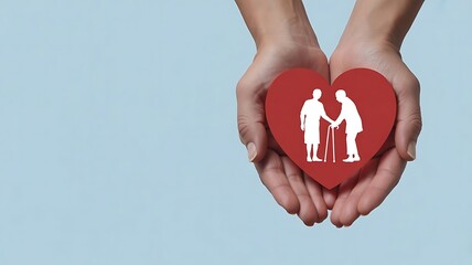 Elderly Care Concept with Hands Holding Heart and Senior Couple Icon