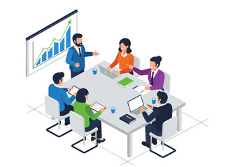 Isometric 3D flat vector of modern office workspace with people working together on laptops and charts, teamwork and productivity scene