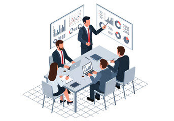 Isometric 3D flat vector of modern office workspace with people working together on laptops and charts, teamwork and productivity scene